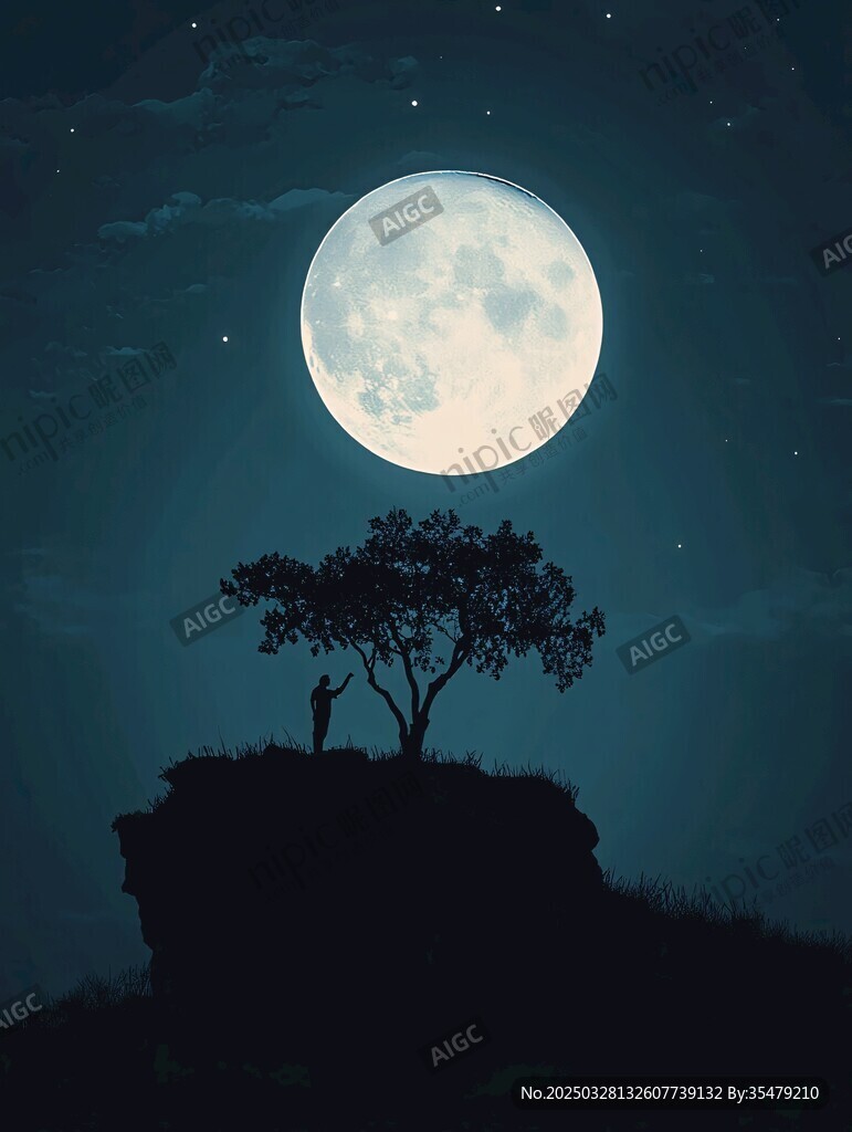 月夜下的孤独树与人影