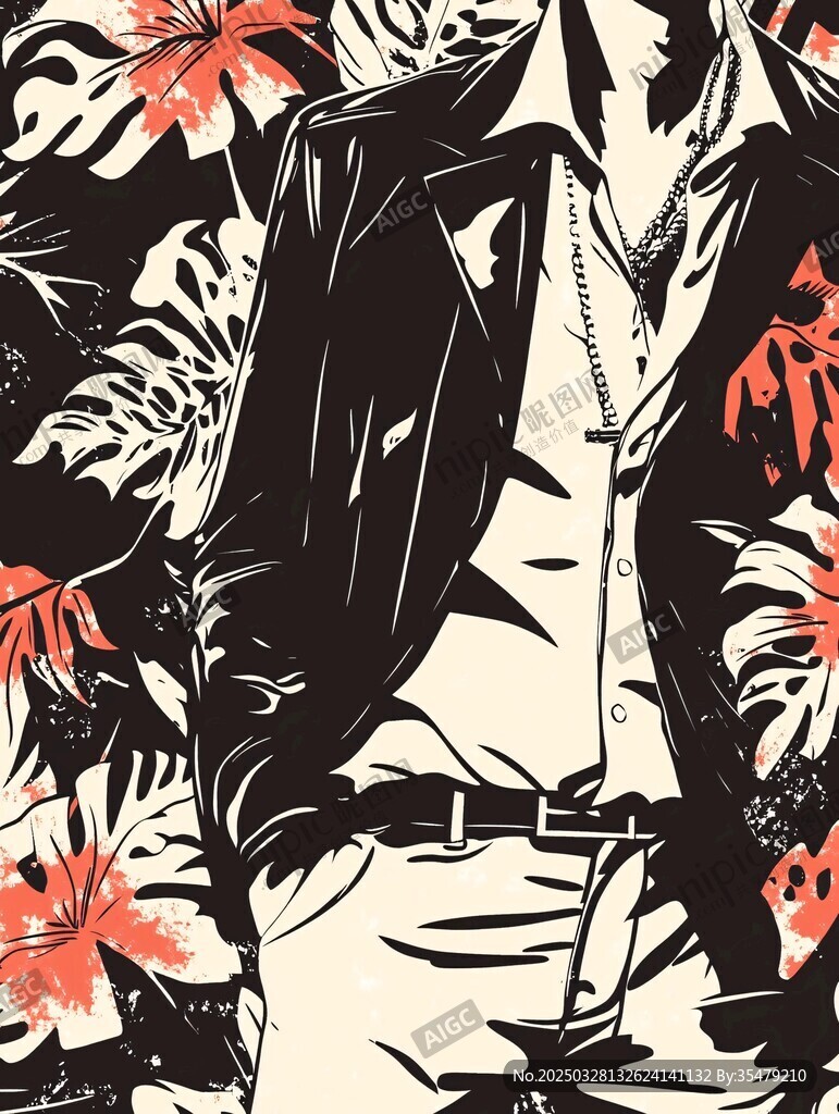 时尚男士与花叶潮流插画