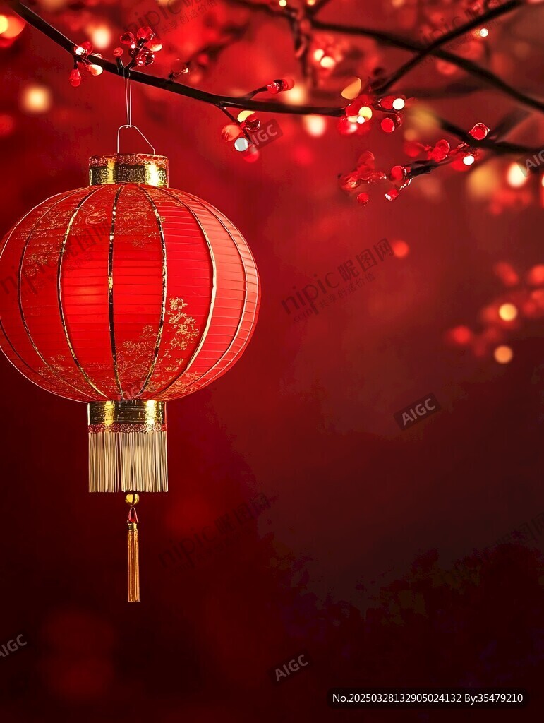 喜庆红灯笼挂于繁花枝间