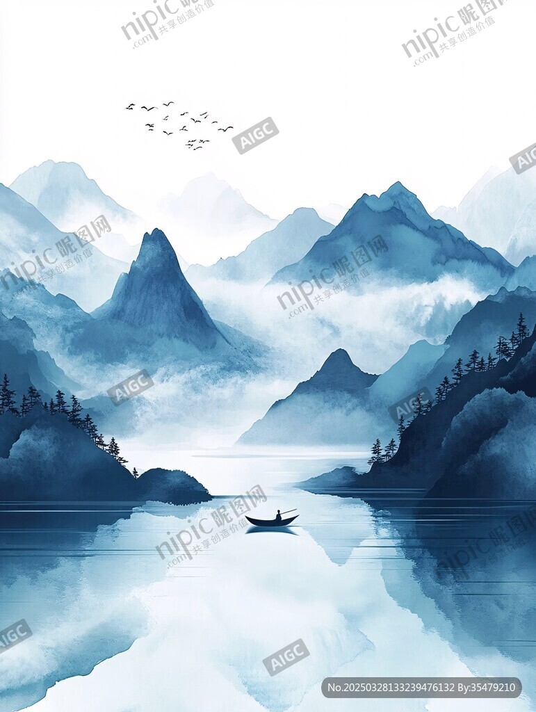 水墨山水间的孤舟诗意