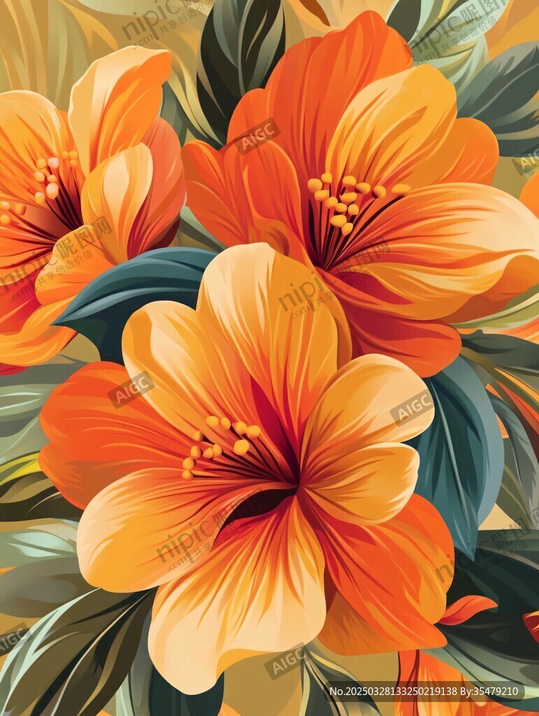 橙艳花卉插画 自然之美