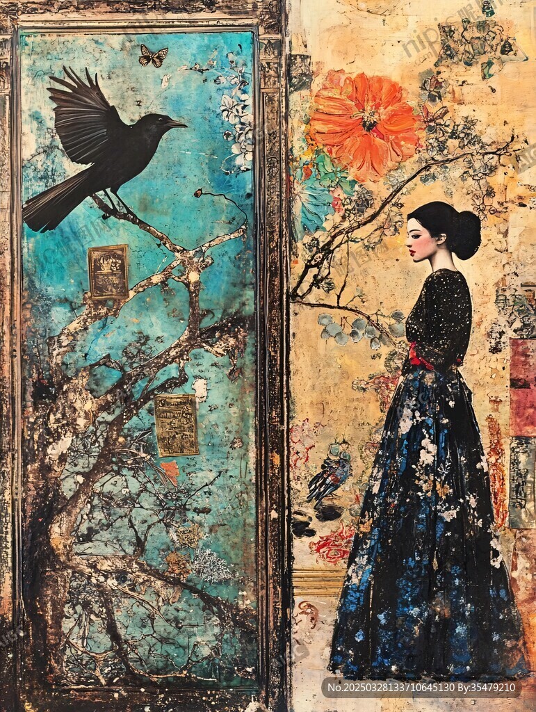 中式复古风女子与飞鸟图景