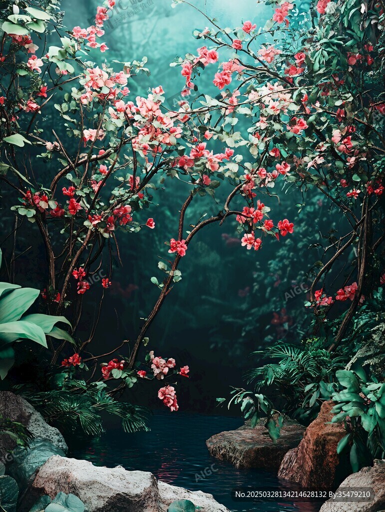 溪边繁花盛开的静谧丛林