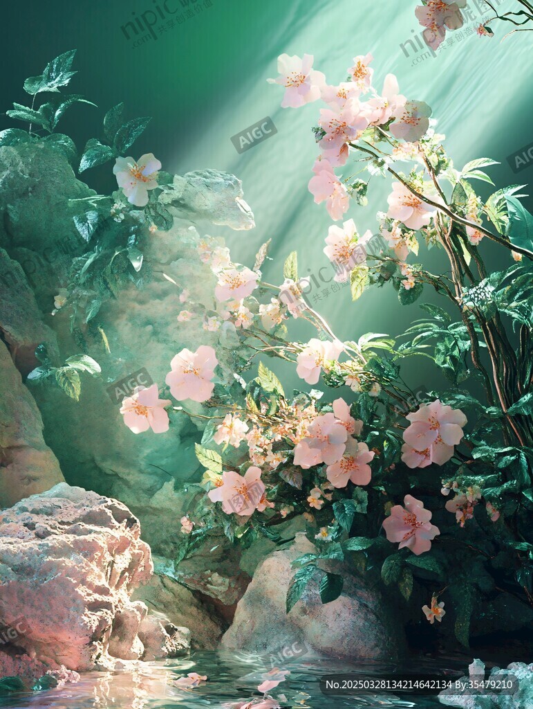 阳光洒落的溪边粉色花卉