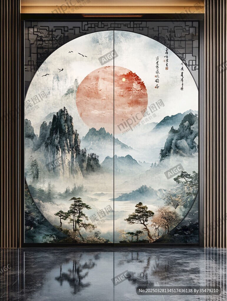 中式山水圆屏古韵之美