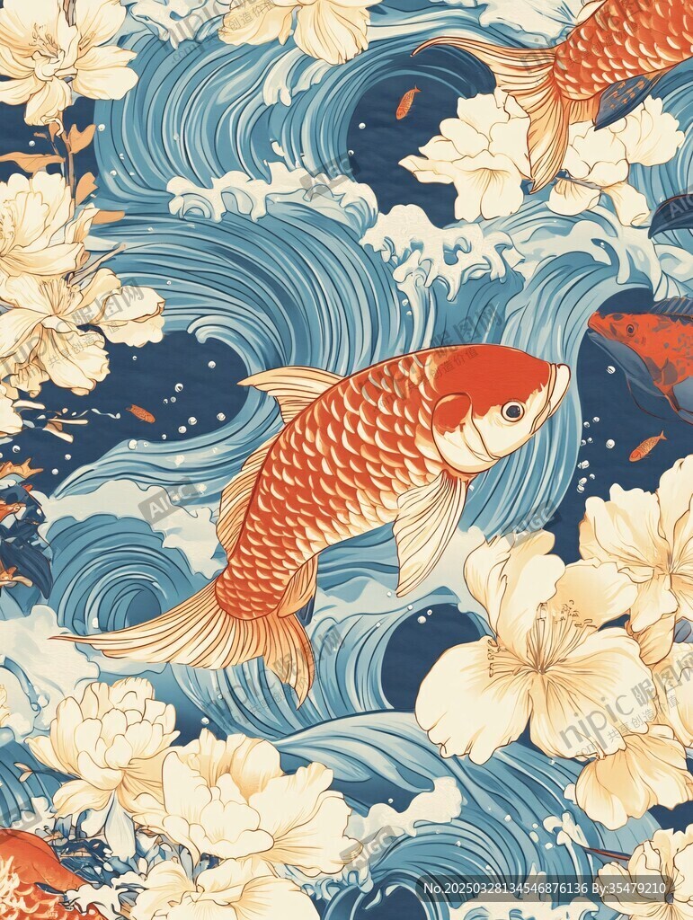 锦鲤游花海与浪间图案
