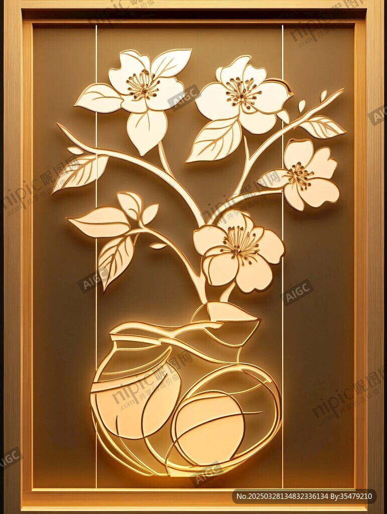 金色花卉花瓶浮雕装饰画