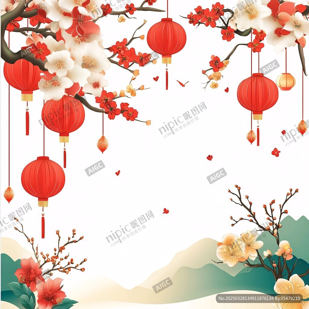喜庆春节灯笼花卉背景图