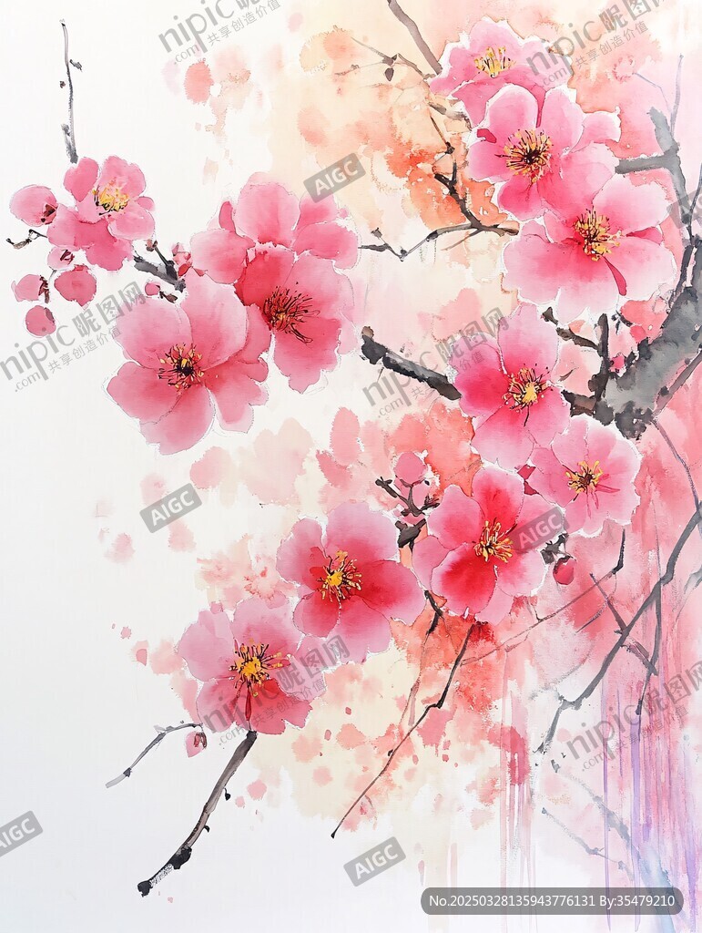 水墨风绽放的艳丽桃花