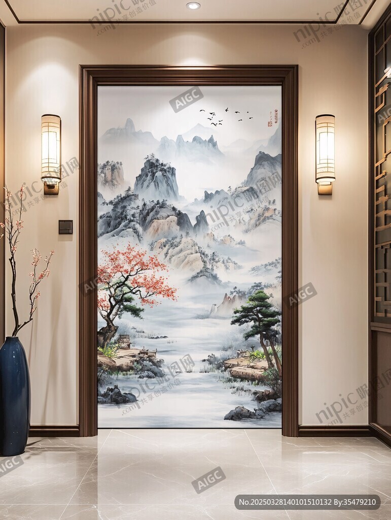 中式山水玄关装饰画意境美