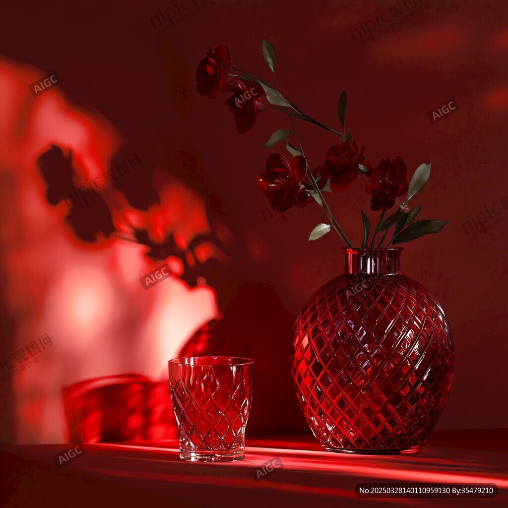 红韵花瓶与剔透玻璃杯