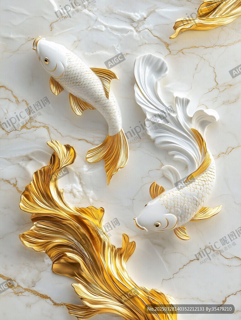 金白锦鲤浮雕装饰图案
