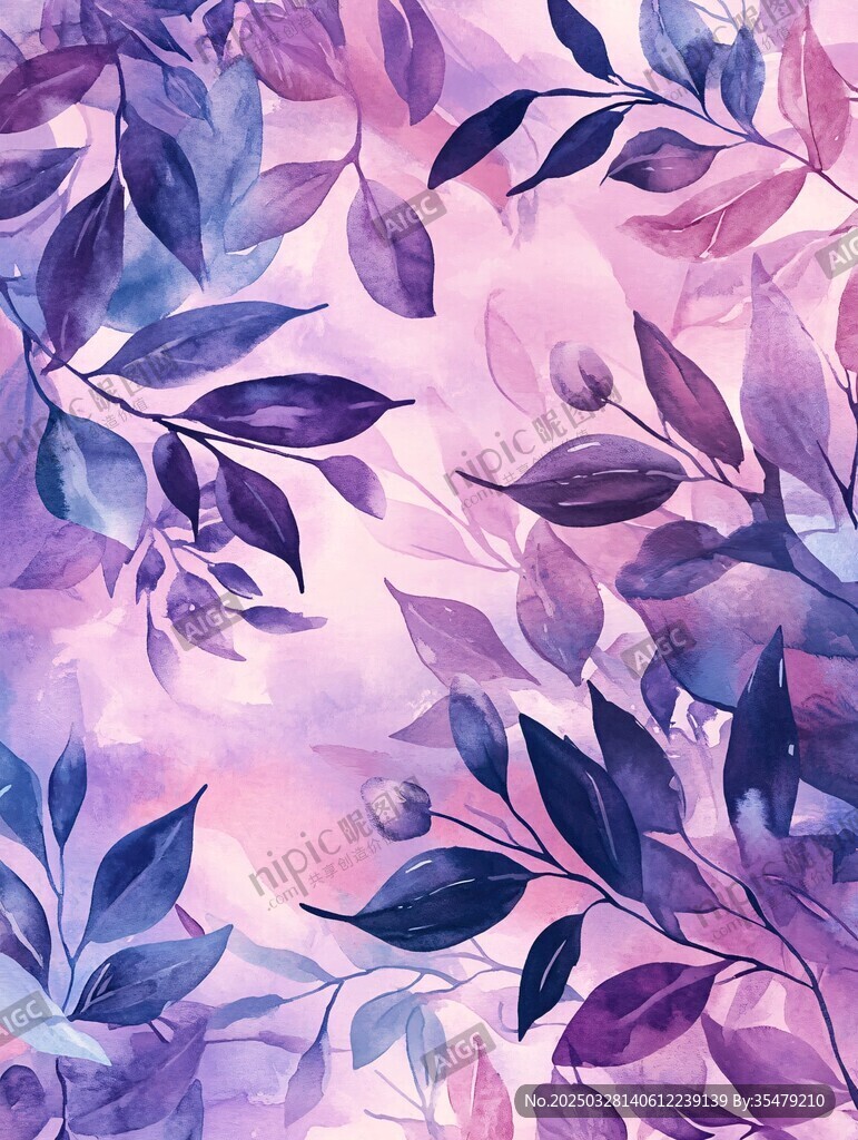 梦幻水彩风叶片花卉图案