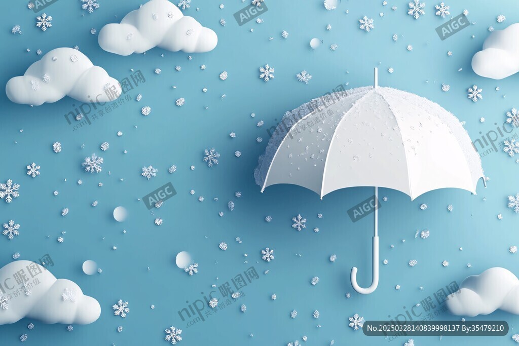 雪天中的白色雨伞与云朵