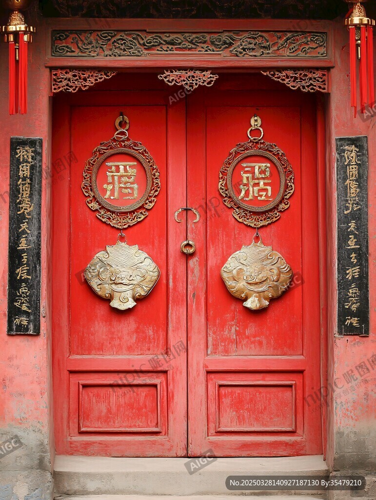 中式传统朱门配福字铜环