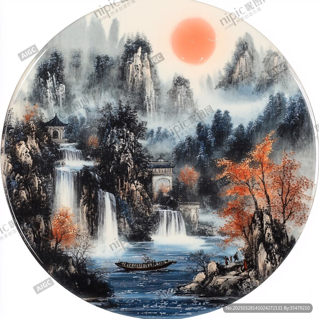 旭日山水间的诗意景致