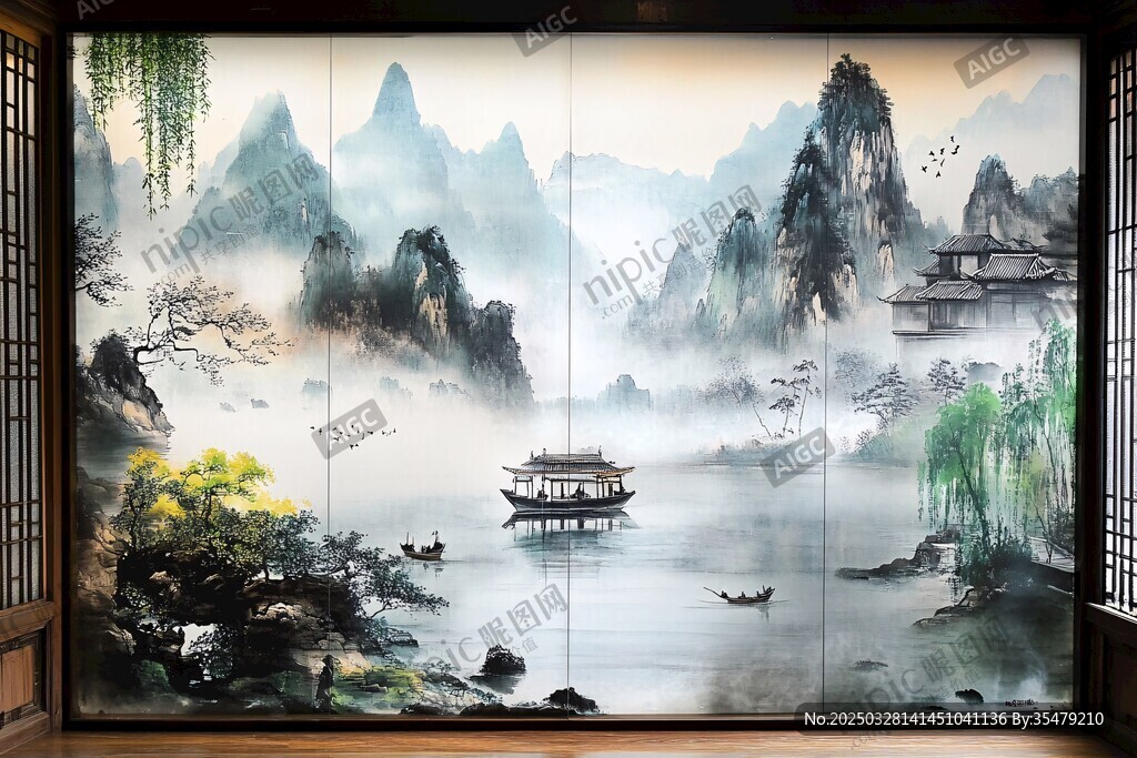 中式山水屏风画意境悠远