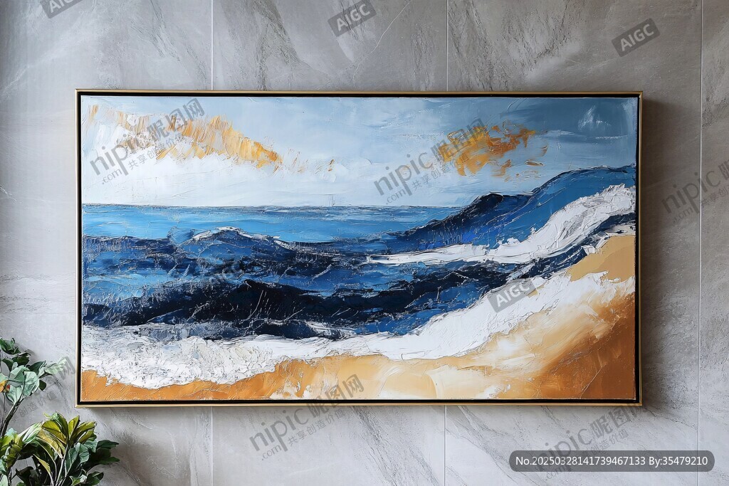 海景油画 海浪沙滩与天空