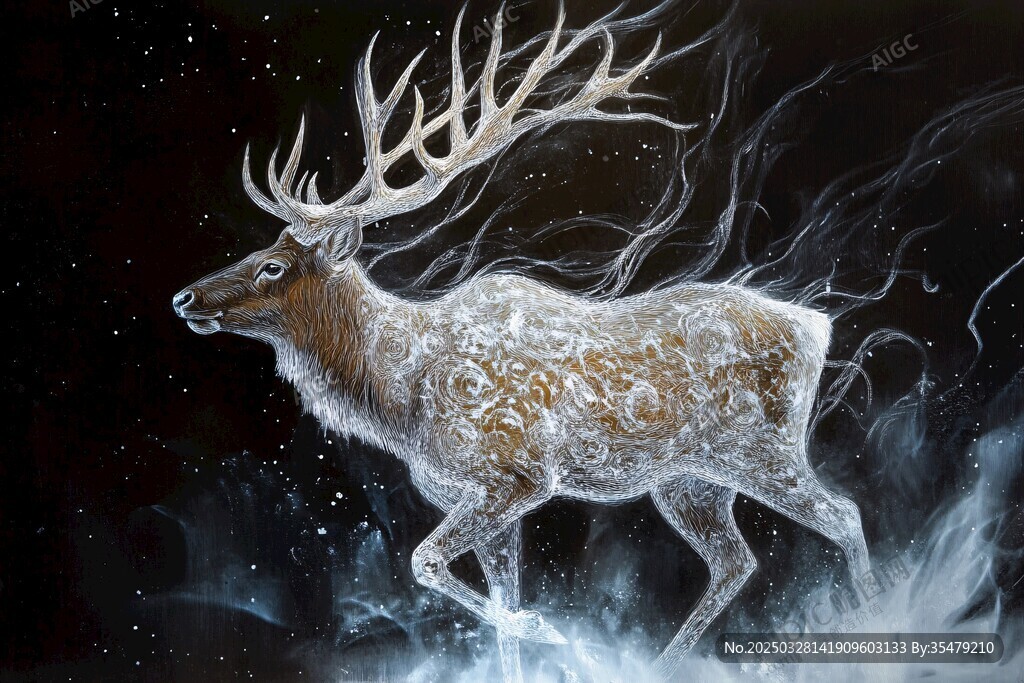 梦幻冰雪麋鹿在夜中漫步