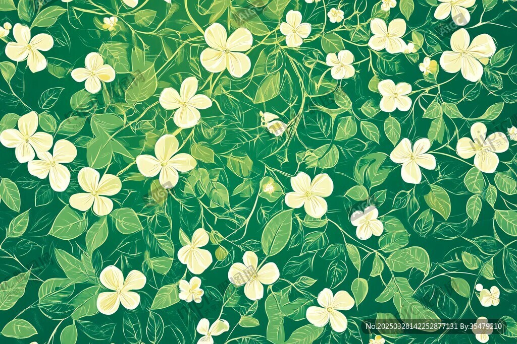 清新绿底白花植物图案
