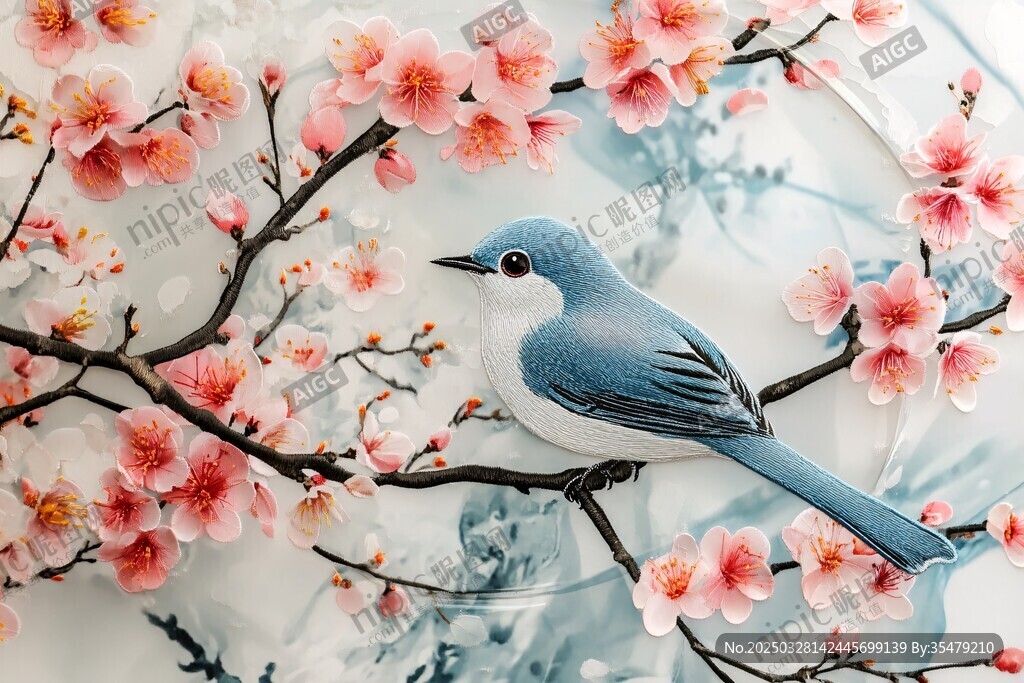 蓝鸟栖于繁花枝头