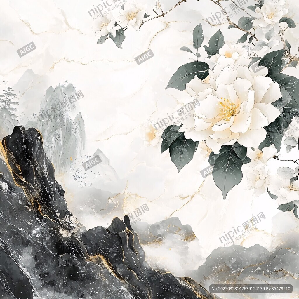 水墨山茶花之雅致山水景