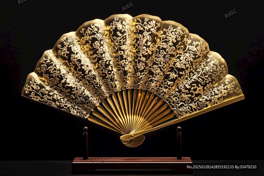 精美雕花金折扇摆件
