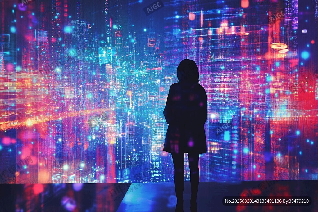 女子凝望炫彩数字光影世界