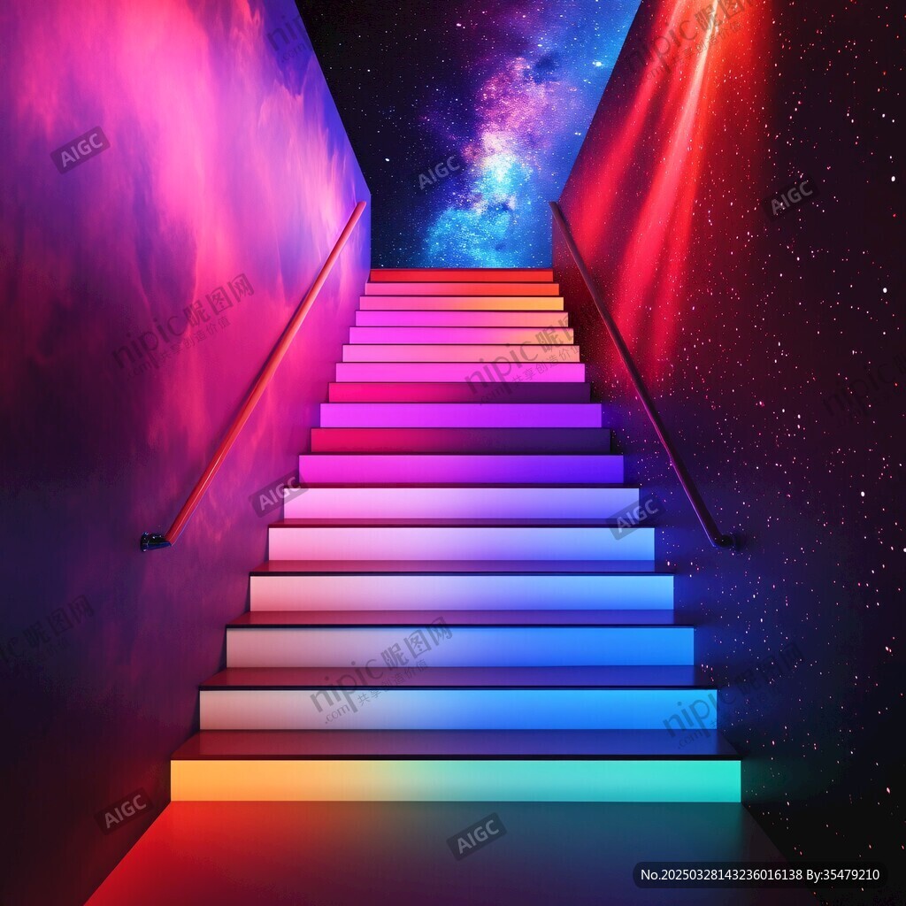 梦幻星空下的彩色发光楼梯