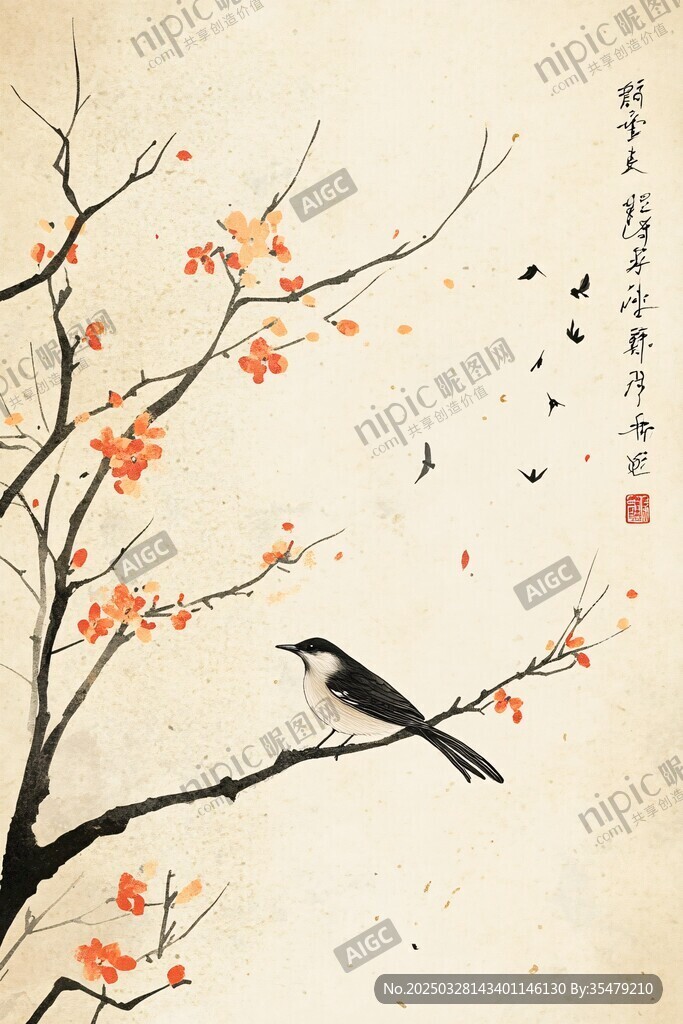 枝头栖鸟图