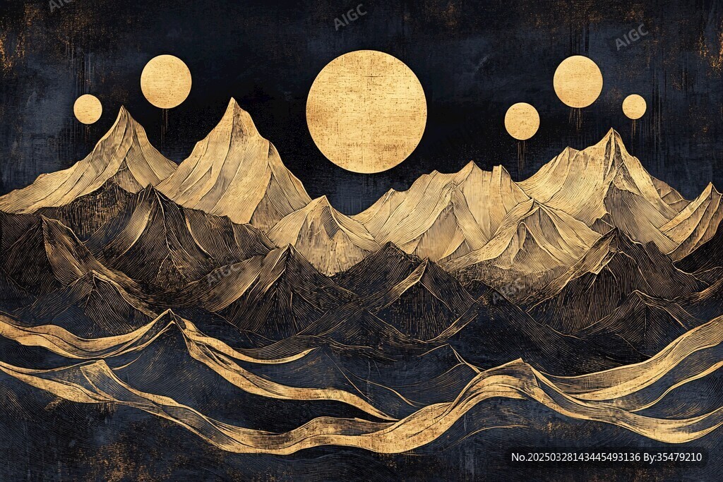金色山川月夜奇幻景象