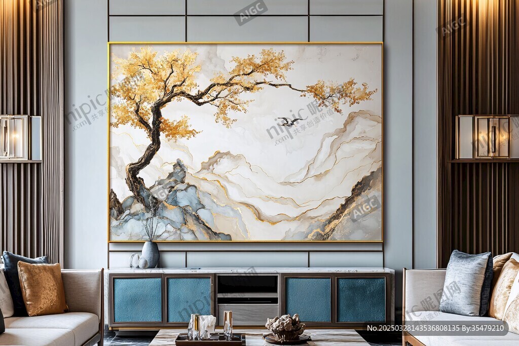 中式客厅里的雅致山水挂画