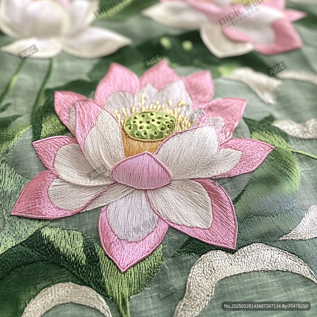 精美刺绣荷花图案特写