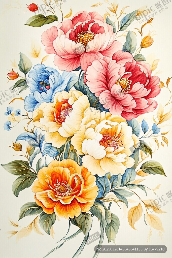 手绘多彩花卉插画