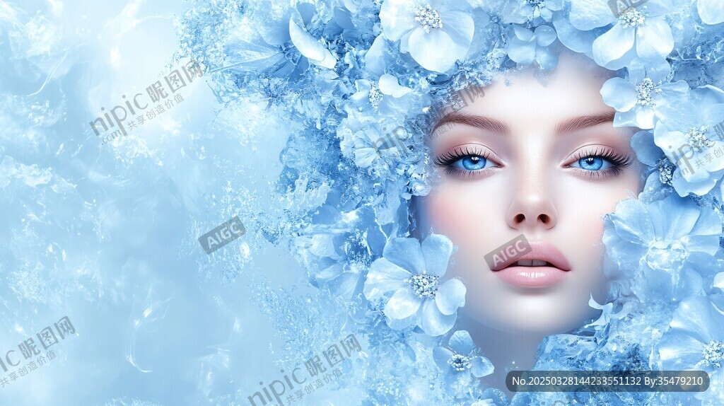 梦幻蓝花簇拥的空灵少女
