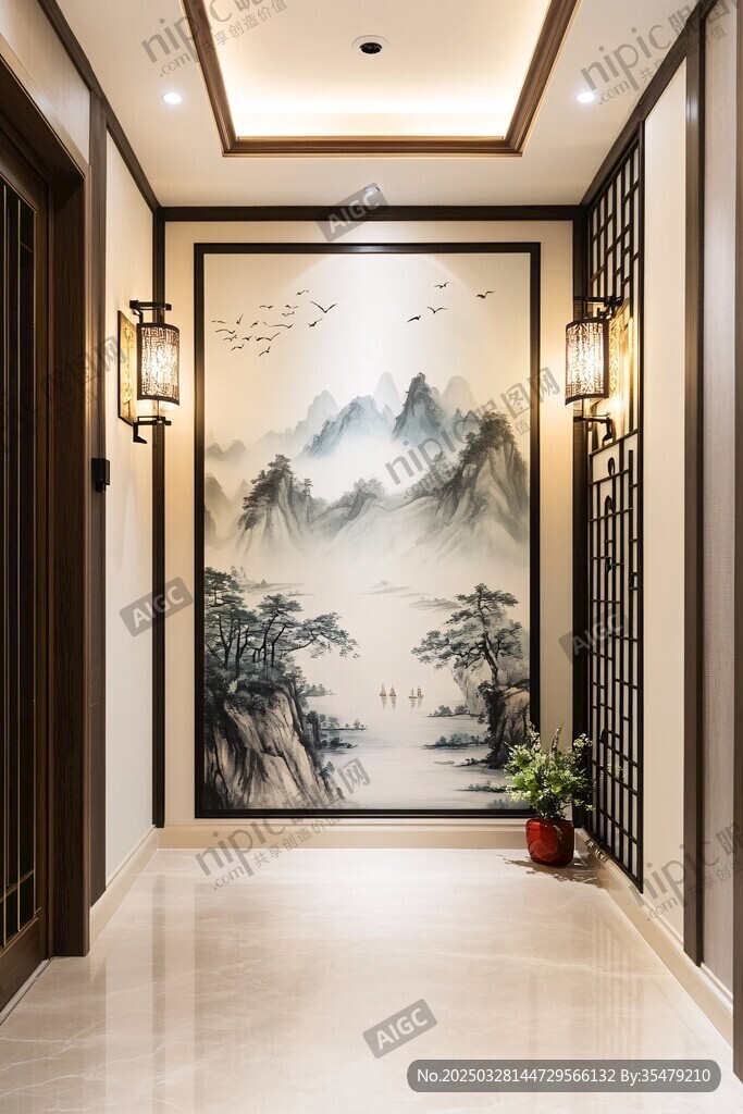 中式走廊 山水壁画显雅致