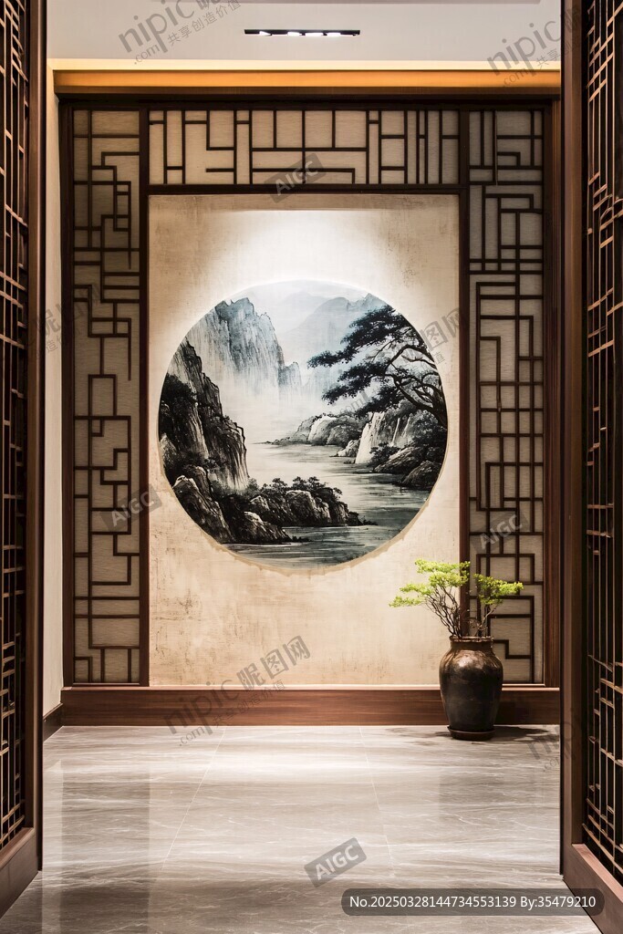 中式玄关 山水挂画意境美