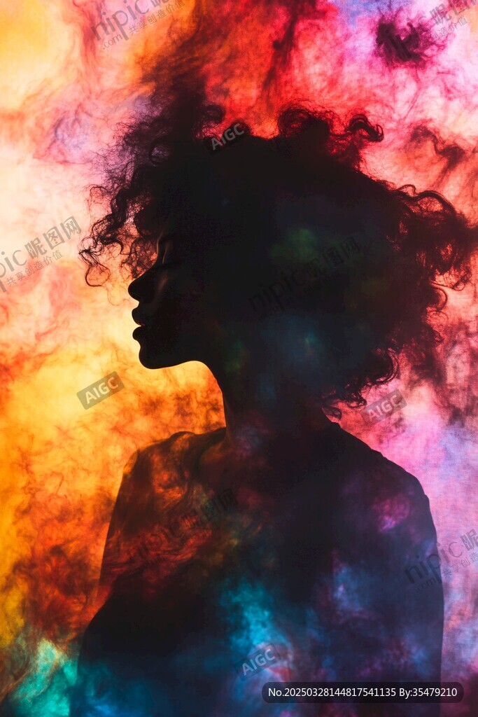 彩色烟雾中的女性剪影