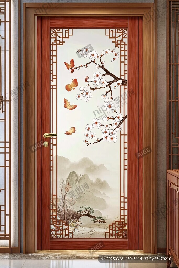中式花鸟图案实木装饰门