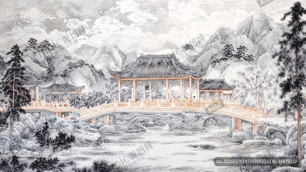 水墨山水间的雅致廊桥