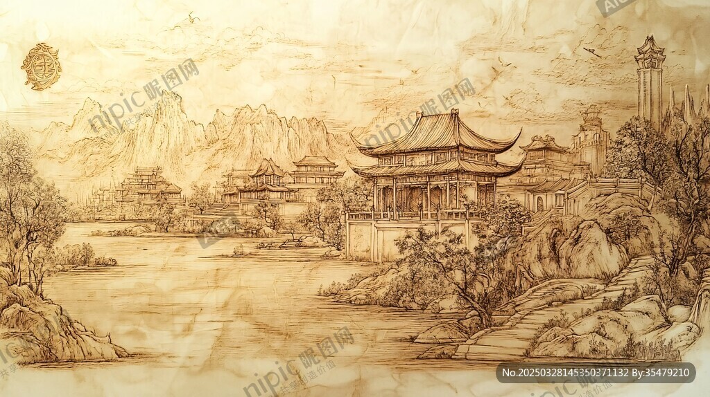 古风山水庭院景致图
