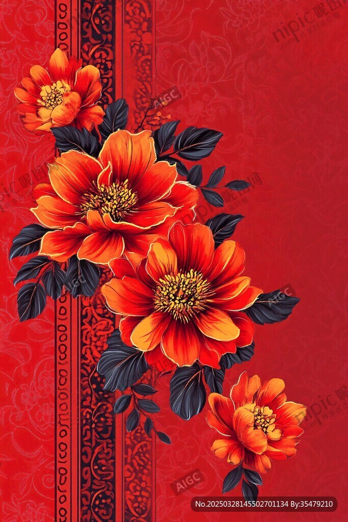 红色花卉中式背景图案