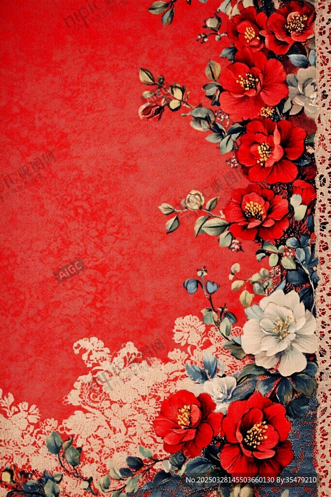 红色花卉花边复古背景图