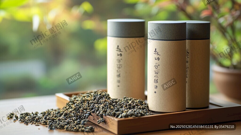 罐装绿茶展示与散落茶叶