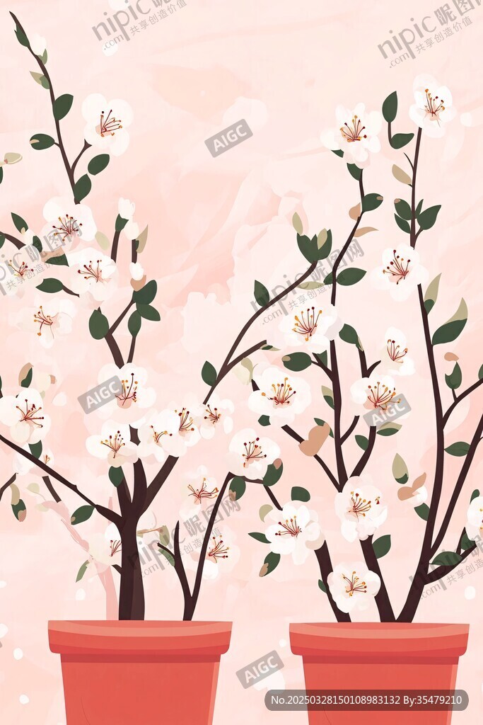 两盆绽放的美丽花卉插画