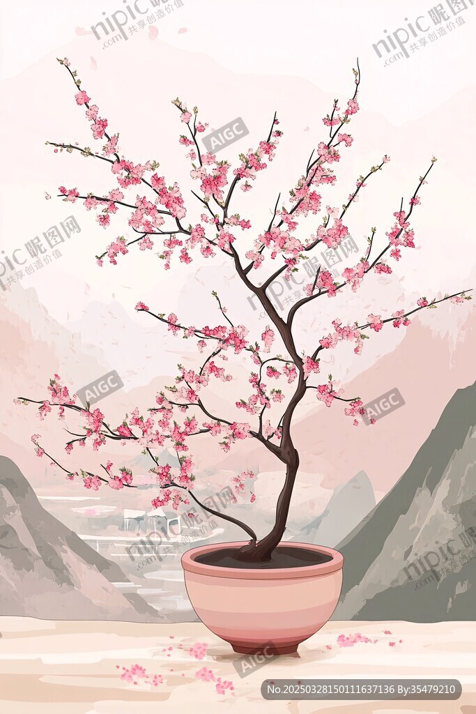 盆栽桃花绽 山间诗意浓