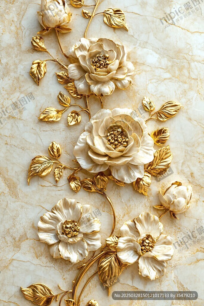 金白花卉立体墙饰艺术美
