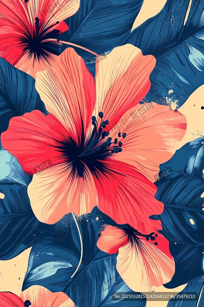 鲜艳扶桑花与绿叶图案
