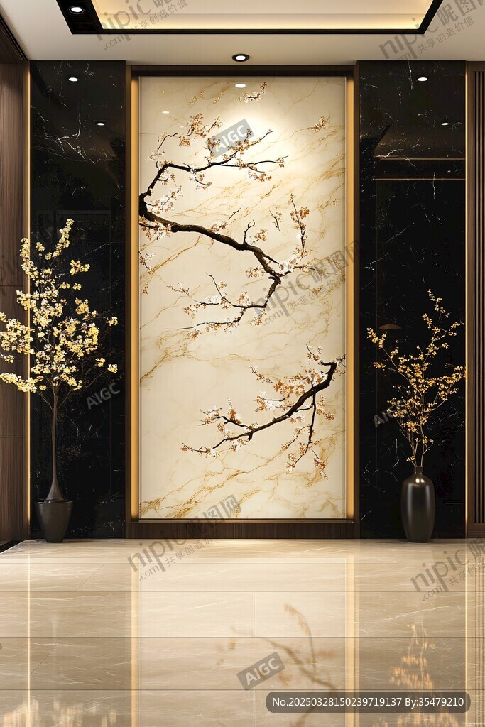 中式玄关 梅花壁画装饰