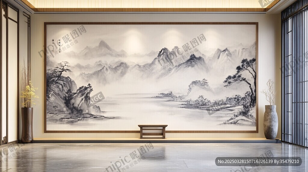 中式山水壁画的雅致空间